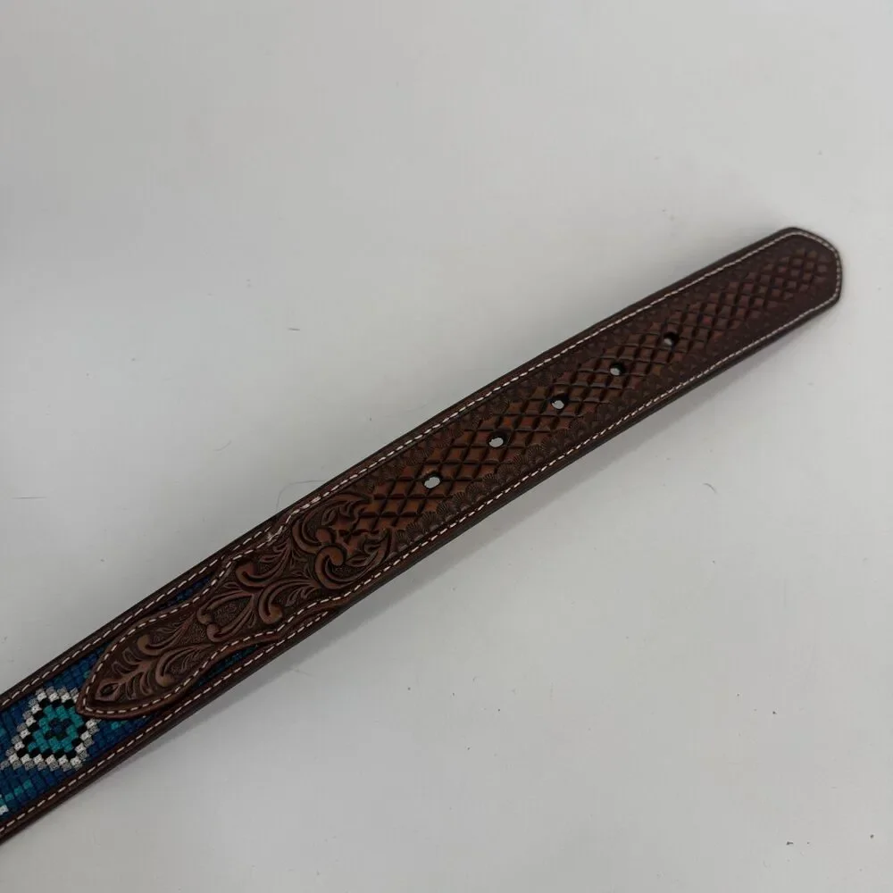 Ariat Western Mens Belt Tooled Leather Embroidered Southwestern Brown SIze 42